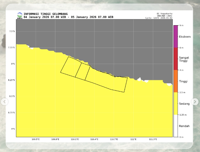 Tangkapan layar peta prakiraan tinggi gelombang laut yang dirilis BMKG DIY untuk wilayah Samudra Hindia selatan DIY, termasuk pesisir Gunungkidul.
